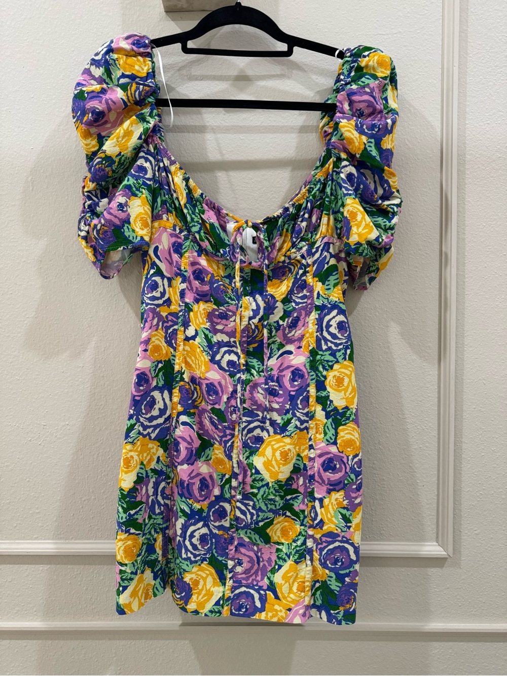 Zara Floral Mini Dress Womens Medium‎ Multicolor Puff Sleeve Retro 80s